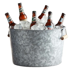Galvanized Metal <b>Beverage</b> <b>Ice</b> <b>Tub</b> with Wooden Handles | Large Beer Wine Cooler <b>Bucket</b> | Bar Party Event Use - Product Image 1