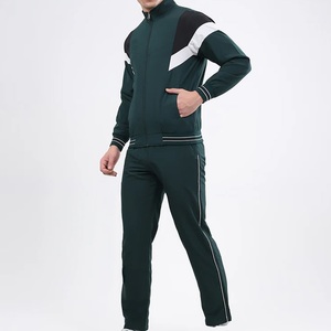 Ensemble de survêtement pour homme vert foncé avec blocs de couleur, sweat-shirt zippé et pantalon, col montant, poches latérales, respirant, style sportif, idéal pour l'automne - Product Image 3