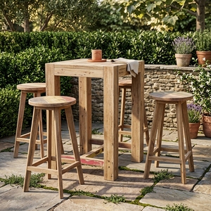 Eleve las reuniones al aire libre con el moderno juego de bar KAG TAB35 de teca reciclada, que incluye taburetes duraderos y una elegante mesa para sala de estar. - Product Image 6
