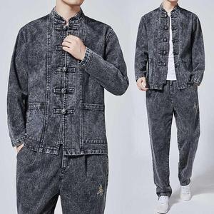 JAYCAN SPORTS Unisex Denim Tracksuit Set Hooded Casual Solid Color 100% Cotton Breathable Eco-Friendly Streetwear Midweight - Product Image 2
