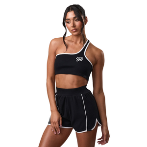 Camiseta Deportiva de Punto para Mujer, Color Negro Sólido, Cuello Halter, Logotipo Personalizado en la Parte Delantera, Ropa Deportiva Transpirable - Product Image 1