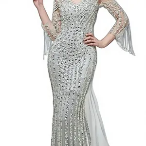 Elegante Vestido de Noche Moderno Largo hasta el Suelo con Encaje, Cuentas, Lentejuelas Bordadas, Escote Corazón Drapeado, Silueta Sirena/Trompeta 100% - Product Image 4