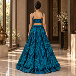 Peacock Blue Embroidered Lehenga Choli with Sweetheart Neckline | Two Piece Indian Party Set with <b>Sequins</b> and Full Flared Skirt - Product Image 4