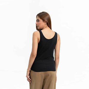 Wholesale Price <b>Women's</b> Black Cotton Tank Top Scoop Neck Minimalist Solid Knitted Breathable Regular Length - Product Image 2