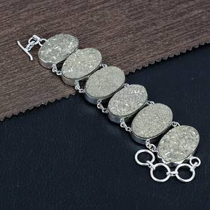 Golden Pyrite Druzy Bracelet 925 Sterling Silver Boho Handmade Gemstone Jewelry Statement Gift For Women - Product Image 2