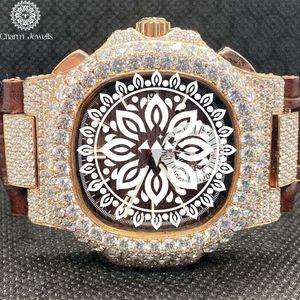 Charm_Jewells Montre mécanique de luxe pour homme, boîtier de 40 mm, bracelet en cuir incrusté de diamants, chronographe analogique, ton or, acier inoxydable - Product Image 1