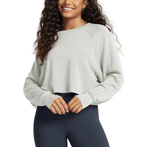 Sweat-shirt de yoga et fitness pour femme, haut décontracté de sport, t-shirt streetwear 100 % coton, manches longues, col rond, crop top automne en molleton - Product Image 1