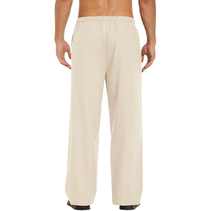 Pantalon décontracté pour homme en coton beige avec cordon de serrage, taille élastique, léger, pour l'été, avec poches latérales, tissé uni - Product Image 2
