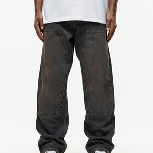 Men's Stonewashed Dark Denim Straight Leg Jeans Loose Fit Mid Waist Casual Cotton Fabric Autumn Wear - Product Image 1