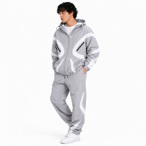 Hot Selling 100% Cotton Heavyweight Anti-Bacterial Winter Reflective <b>Tracksuits</b> Men 2 in 1 Color Block Custom Panel Windbreaker - Product Image 2