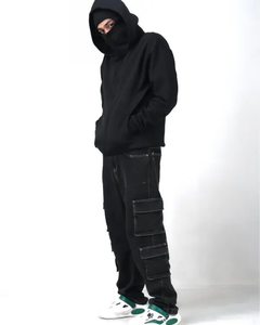 Men <b>Crew</b> <b>Neck</b> Fleece <b>Sweatshirt</b> Solid <b>Black</b> Windproof Mask Design Pocket Regular Fit Autumn Casual Knitted 100% Cotton 400g - Product Image 5