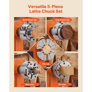Set di mandrini per tornio da legno pneumatici da 4 pollici, autocentranti a 4 griffe, con adattatore filettato da 1 pollice x 8 TPI, 5 pezzi, ganasce rotonde/piatte - Product Image 2