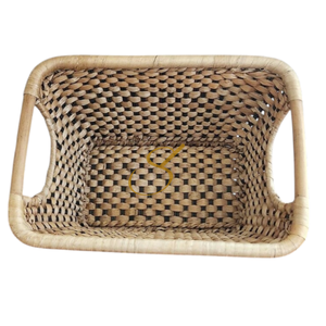 Vintage Asian Tapered <b>Rectangular</b> Water Hyacinth and Rattan Hand Woven Strorage <b>Basket</b> - Product Image 6