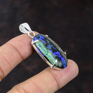Pendentif bohème artisanal en azurite et malachite, argent sterling 925, pierre précieuse naturelle bleu-vert, bijoux pour femmes - Product Image 3
