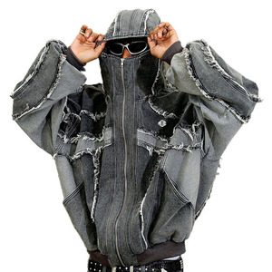 Fashionable Custom Oversized Distressed <b>Denim</b> Hoodie <b>Jacket</b> Vintage Washed Streetwear Unisex Heavyweight Zip Up Men's Hoodies - Product Image 3