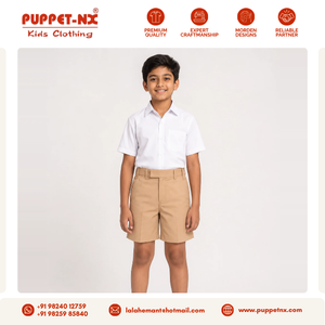 Pantalones cortos de uniforme escolar para niños, color marrón arena, cintura elástica, pantalones casuales, shorts de poliéster y algodón, empaque personalizado - Product Image 2