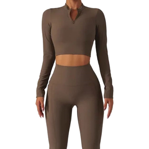 Pakistan Manufacture <b>Women</b> Yoga Set Half Outdoor Use Spandex/Nylon Solid Front Elastic Waist Breathable Lightweight 2 Piece Set - Product Image 1