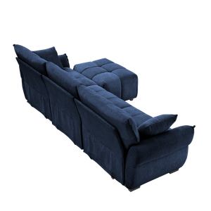Set Divano a Tre Posti in Legno Massello con Pouf e Cuscini in Ciniglia Testurizzata ad Alta Resilienza per Soggiorno - Product Image 4