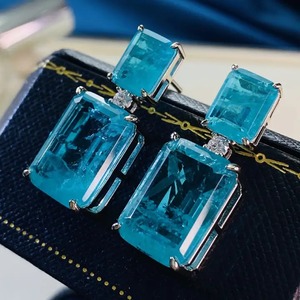 925 Moissanite Rare Synthetic Paraiba Tourmaline Women's <b>Stud</b> <b>Earrings</b> Sterling Silver Gold Plated <b>Emerald</b> Cut 7.0 Carat*2p - Product Image 4