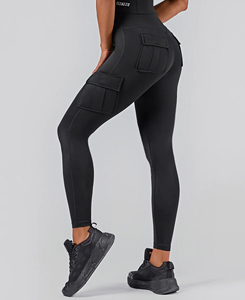Leggings de yoga noirs taille basse style streetwear avec poches 3D, longueur intégrale, sans coutures, extensibles dans quatre directions, en Spandex/Nylon, respirants et à séchage rapide - Product Image 1