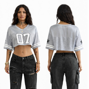 Women Gray Cropped Mesh Jersey T-Shirt 07 Print Oversized Short Sleeve Streetwear Crop Top Summer Casual Fashion Tee - Product Image 1