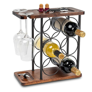Porte-vin en bois avec porte-verres, sur pied, pour comptoir, 6 bouteilles et 2 verres, support métallique pour le rangement du vin - Product Image 1