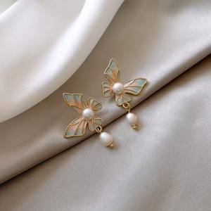14K Gold S925 Pure Silver Freshwater Jewelry Earrings Retro Enamel <b>Oil</b> <b>Painting</b> Style Light Luxury Butterfly Dangle Earrings - Product Image 1