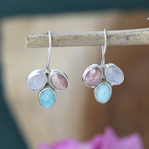 925 Sterling Silver Multi Stone <b>Dangle</b> <b>Earrings</b> Rainbow Moonstone Amazonite Rhodolite Handmade Gemstone Drop <b>Earrings</b> for Party - Product Image 6