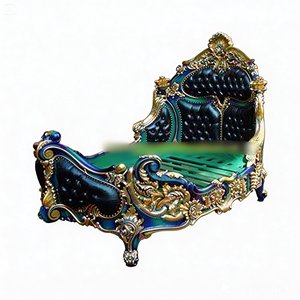 Cama de Madera de Teca y Caoba Francesa de Estilo Barroco, Tallada a Mano, Acabado Dorado, Color Azul Verde Antiguo, Lujosa y Celestial, Hecha en Indonesia, en Oferta - Product Image 1