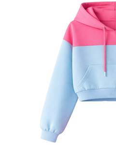 Ensemble crop top à capuche et short color block rose et bleu pour femme, avec poches, tenue décontractée deux pièces en molleton de coton, vente en gros fabricant - Product Image 4