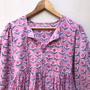 Robe midi en gaze de coton à manches longues, col profond, motif floral, imprimée à la main, pour femme, commandes en gros au meilleur prix, vêtements de nuit - Product Image 2