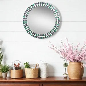 Designer Round Mirror With Artistic Mosaic <b>Frame</b> In Green And Purple Perfect For Home Decor And Styling Wholesale From India - Product Image 4