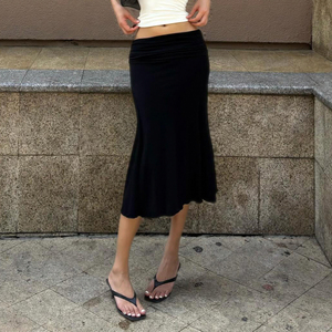 Falda Midi de Punto de Color Sólido para Mujer, Falda Lápiz Ajustada de Cintura Alta con Fruncido, Elegante y Sexy, Falda Larga que Realza la Figura, Estilo Urbano - Product Image 2