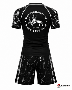 ชุดเสื้อรัดกล้ามเนื้อและกางเกงขาสั้นสำหรับนักมวยปล้ำชาย SINEWY SPORTS สีดำลายหินอ่อนขาว ชุดออกกำลังกายแบบกระชับซับเหงื่อ - Product Image 4