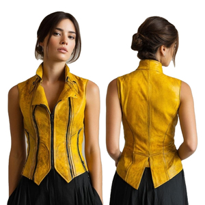 Chaleco de Motociclista para Mujer de Piel de Oveja Genuina de Alta Calidad, Transpirable, Ecológico, Personalizable, con Cuello en V, 100% Cuero y Algodón - Product Image 1