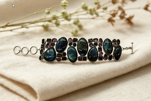 Bohemian Tibetan <b>Silver</b> <b>Cuff</b> <b>Bracelet</b> With Amethyst And Multistone Bezel Setting For Women - Product Image 1