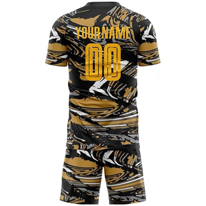 Ensemble maillot et short de football sublimé en gros, motif camouflage noir et or, col rond, manches courtes, anti-humidité, unisexe - Product Image 3