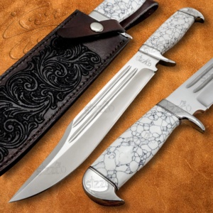 Couteau Bowie D2 en acier, fabriqué à la main, avec manche en pierre précieuse, pour la chasse, la survie, tactique, lame fixe, avec étui en cuir. - Product Image 1