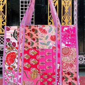 Handmade Cotton <b>Quilted</b> Tote Bag Floral Panelled Bohemian Style Open Closure Women's Shopping Bag All Seasons - Product Image 1