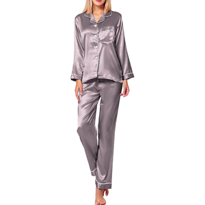 Women's Satin Long Sleeve Pajama Set Full Length Solid Color Elegant Sleepwear Button Fly Turn-down Collar - Product Image 2