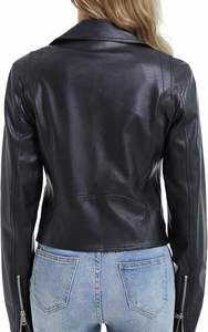 Veste moto en cuir PU noir pour femme, coupe ajustée, col rabattu, fermeture éclair, couleur unie, style automne - Product Image 4