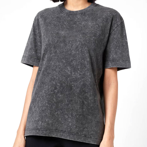 T-shirt femme en coton épais, coupe classique, noir, effet vieilli, impression personnalisée, délavage acide vintage, OEM - Product Image 1