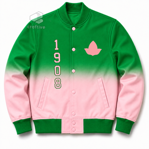 Alfa |   Kapa |   Chaqueta universitaria de satén ombré para mujer Alpha con letras griegas bordadas, botones a presión y cuello y puños de punto acanalado, estilo universitario - Product Image 1
