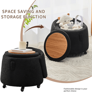 Comodo Pouf Contenitore Convertibile in Velluto Nero con Ruote, Sgabello Rotondo per Toeletta e Cucina - Product Image 4