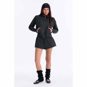 <b>Women</b> 2 Piece <b>Fleece</b> Sweatshirt And Shorts Set Full Sleeve Stand Collar Zipper Casual Solid <b>Black</b> Above Knee Regular Fit - Product Image 5