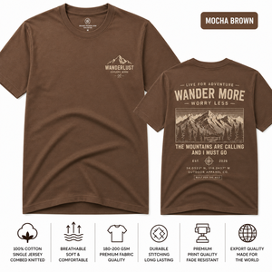 เสื้อยืดผู้ชาย Wanderlust สีน้ำตาลมอคค่า ผ้าเทอร์รี่ แขนสั้น คอกลม ทรงปกติ เป็นมิตรกับสิ่งแวดล้อม สวมใส่สบายๆ สำหรับกิจกรรมกลางแจ้ง พิมพ์ลายตัวอักษร - Product Image 1