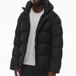 Blouson matelassé à capuche pour homme, hiver, rembourré de duvet, coupe-vent, fermeture éclair, couleur noire unie, coupe classique, vêtement d'extérieur - Product Image 5