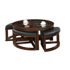 Set Tavolino da Caffè in Noce Scuro con Piano in Vetro e Pouf, Arredamento per Soggiorno - Product Image 5