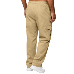 Pantalones Cargo Color Caqui para Hombre, Cintura Elástica con Cordón, Múltiples Bolsillos, Corte Recto Informal, Pantalones de Lona de Peso Medio para Otoño - Product Image 4