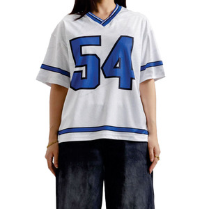 Camiseta de Fútbol Americano, Nuevo Diseño, Manga Corta, Ropa Deportiva Personalizada para Equipos, Uniforme de Fútbol Americano para Mujer en Blanco y Azul - Product Image 4
